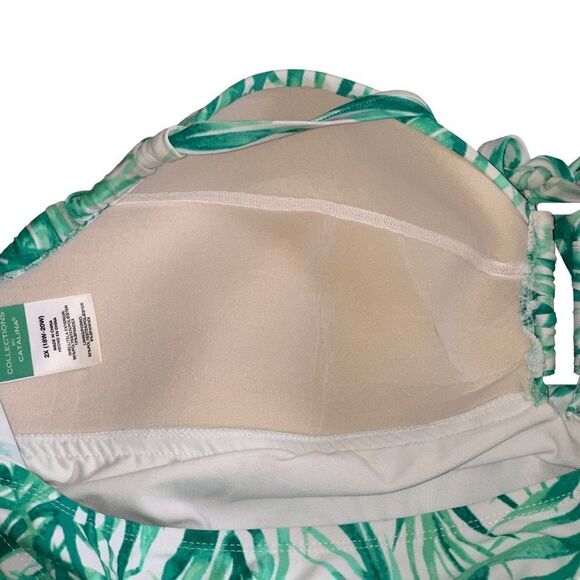 Catalina White Green Leaf Print Tiered Ruffle Tankini Top Size 2X (18W-20W) - Picture 10 of 12